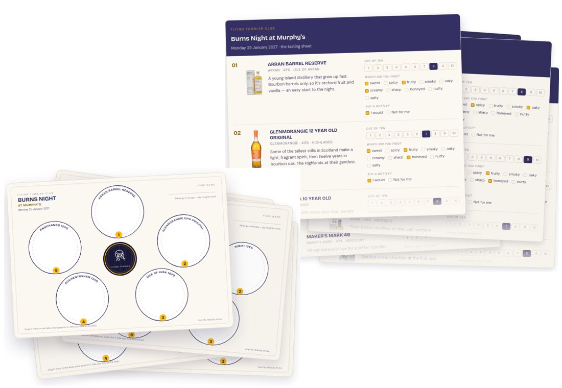 Placemats and tasting sheets from five example club nights